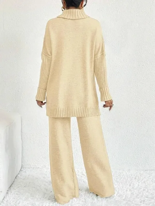 Two-Piece Set Women's Textured Split High Low Hem Sweater & Wide Leg Knitting Pants