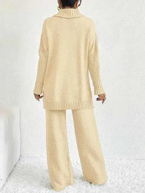 Two-Piece Set Women's Textured Split High Low Hem Sweater & Wide Leg Knitting Pants