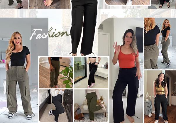 Avamo Stretchy Womens Cargo Pants thick thigh pants work outfits women Wide Leg Sweatpants Baggy High Waisted 6 Pockets Straight Leg Casual Y2K Streetwear With Adjustable Trouser Cuffs for Daily Wear Womenswear Button