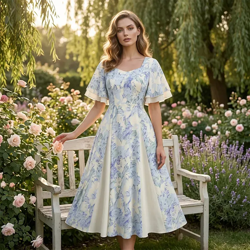📢📢90% OFF !! ⏰Ethereal Flutter Sleeve Fit-and-Flare Dress