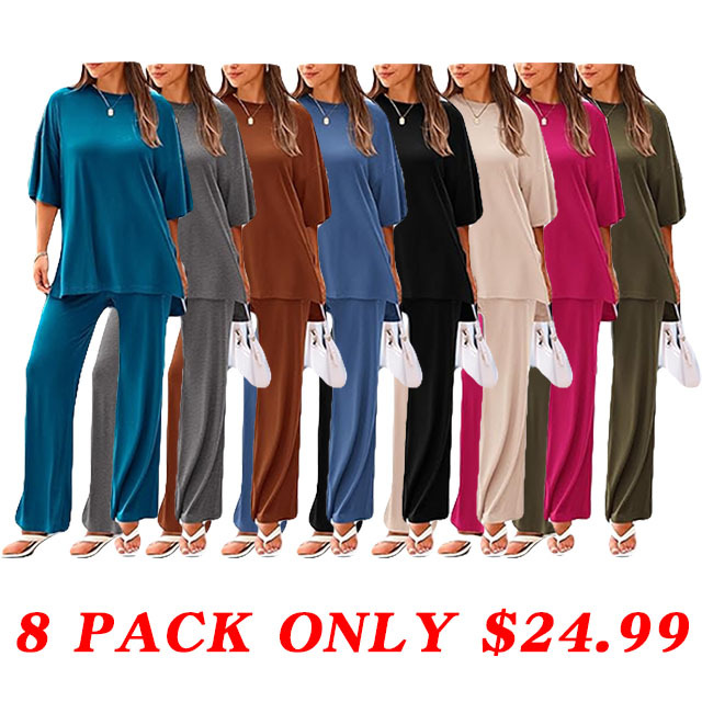 Womens 2 Piece Outfits 2025 Summer Casual Loose Short Sleeve Pullover Tops & Wide Leg Pants Lounge Sets Tracksuit