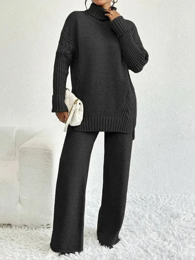 Two-Piece Set Women's Textured Split High Low Hem Sweater & Wide Leg Knitting Pants