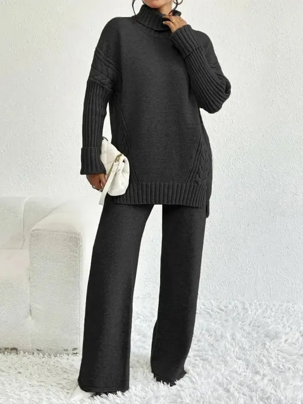 Two-Piece Set Women's Textured Split High Low Hem Sweater & Wide Leg Knitting Pants