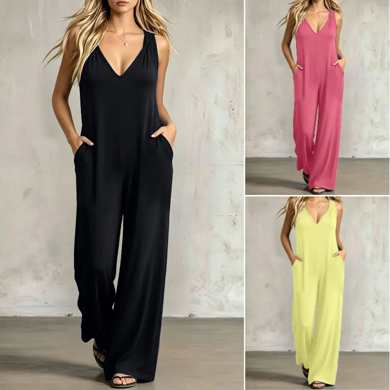 👗 90% OFF NOW! 🌊 Women's Effortless Summer V-Neck Jumpsuit – Relaxed Wide Leg, Deep Side Pockets & Attached Hood – Beach to Dinner Ready ☀️