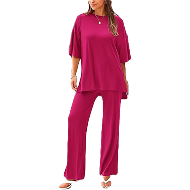 Womens 2 Piece Outfits 2025 Summer Casual Loose Short Sleeve Pullover Tops & Wide Leg Pants Lounge Sets Tracksuit