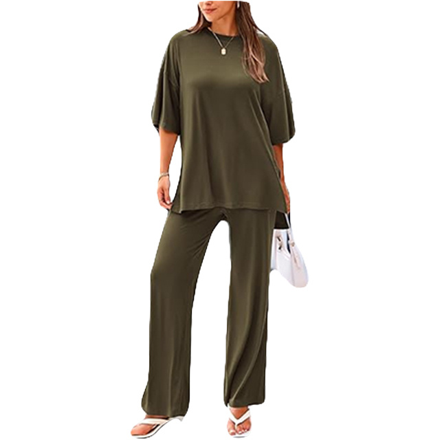 Womens 2 Piece Outfits 2025 Summer Casual Loose Short Sleeve Pullover Tops & Wide Leg Pants Lounge Sets Tracksuit