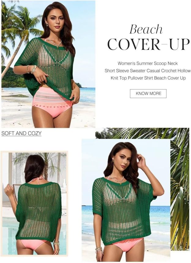 Womens Summer Scoop Neck Short Sleeve Sweater Casual Crochet Hollow Out Knit Tops Pullover Shirts Beach Coverup