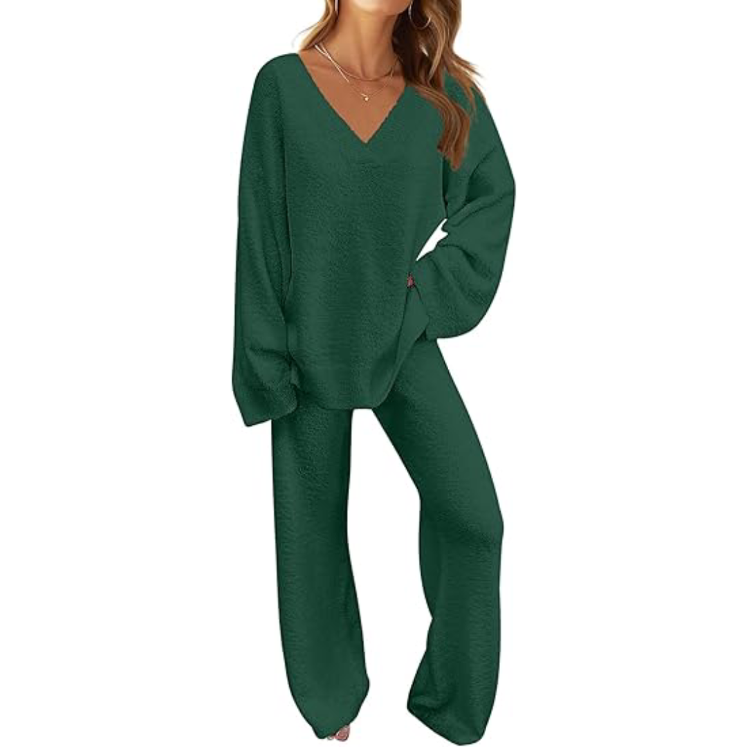Women's 2 Piece Outfits Fuzzy Fleece Pajama Set Long Sleeve Top Wide Leg Pants Loungewear