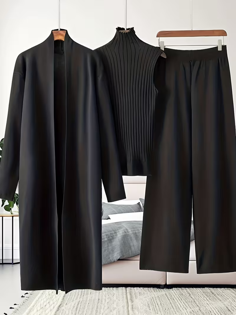 New Autumn And Winter Women'S Loose Set, Including Long Wide-leg Pants, A Shawl Cardigan, And A High-neck Vest Sweater, A Fashionable Three-piece Set.