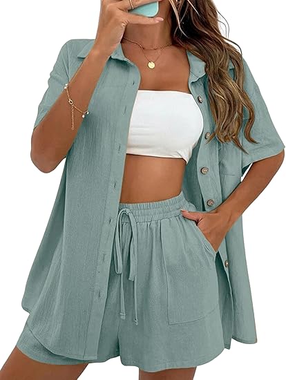 Women Summer Cotton Linen Short Sets 2 Piece Shorts Top Lounge Beach Vacation Two Piece Outfits Tracksuits