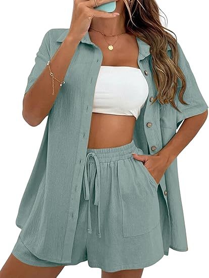 Women Summer Cotton Linen Short Sets 2 Piece Shorts Top Lounge Beach Vacation Two Piece Outfits Tracksuits