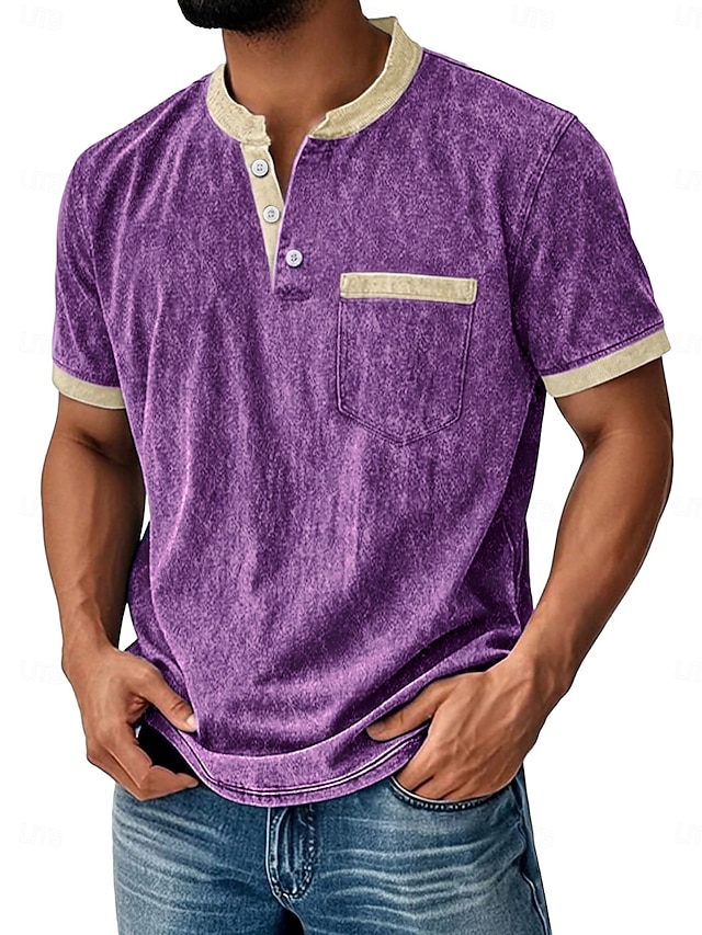 Men's Retro Color-Block Casual Short-Sleeve Henley T-Shirt
