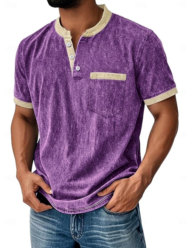 Men's Retro Color-Block Casual Short-Sleeve Henley T-Shirt