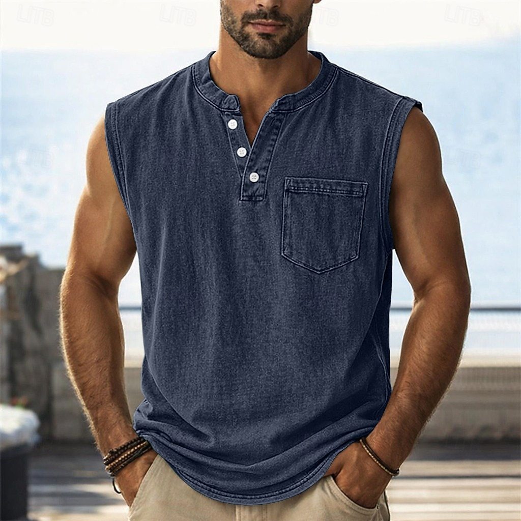 Men's Vintage Stand Collar Casual Pocket Solid Color Sleeveless Henley Vest