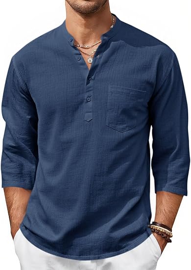 Men’s Lightweight Linen Henley Shirt –  3/4 Sleeve Casual Top with Pocket  