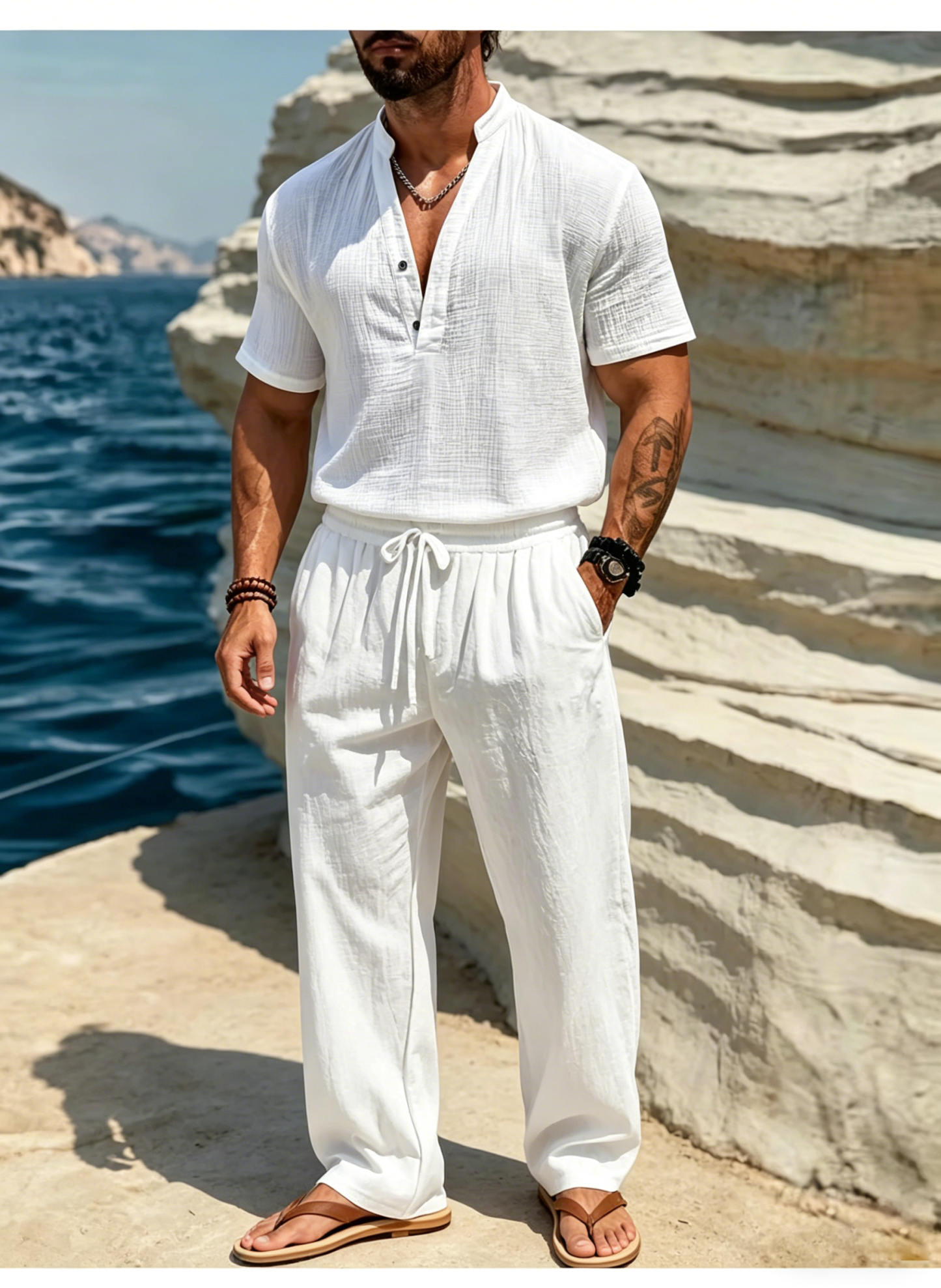 Men's Casual Solid Color Linen Short-Sleeve Shirt and Trousers Suit