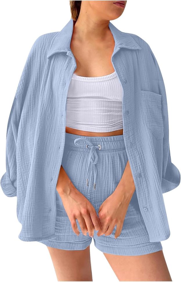 Two Piece Women's Elegant Summer Muslin Blouse Shirt and Shorts Clothes Aesthetic Two Piece Lounge Set Beach Outfit Set Two Piece Set Women Fashion Lightweight Outfits Clothing 2-Piece Set Y2k Clothes