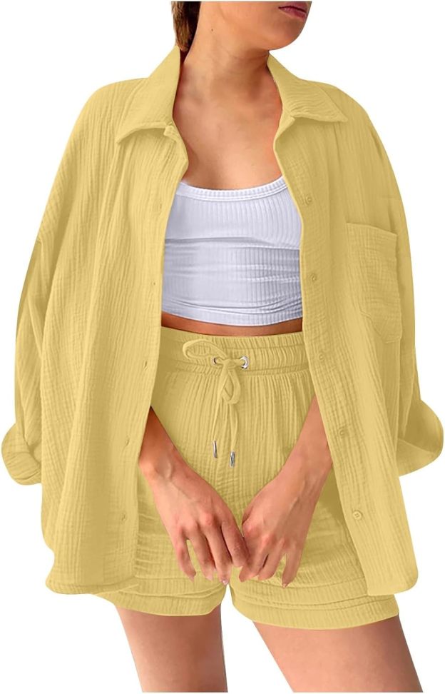 Two Piece Women's Elegant Summer Muslin Blouse Shirt and Shorts Clothes Aesthetic Two Piece Lounge Set Beach Outfit Set Two Piece Set Women Fashion Lightweight Outfits Clothing 2-Piece Set Y2k Clothes