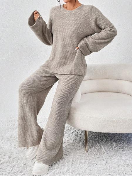 Women's Raglan Sleeve Split Sweater & Elastic Waist Pants Set, Basic Round Neck Top & Pants Sweater Set, Women's Autumn & Winter Clothing for Daily Wear. Women's Raglan Sleeve Split Sweater & Elastic Waist Pants Set, Basic Round Neck Top & Pants Sweater Set, Women's Autumn & Winter Clothing for Daily Wear.