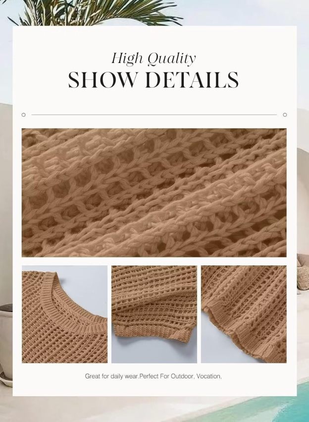 Womens Summer Scoop Neck Short Sleeve Sweater Casual Crochet Hollow Out Knit Tops Pullover Shirts Beach Coverup