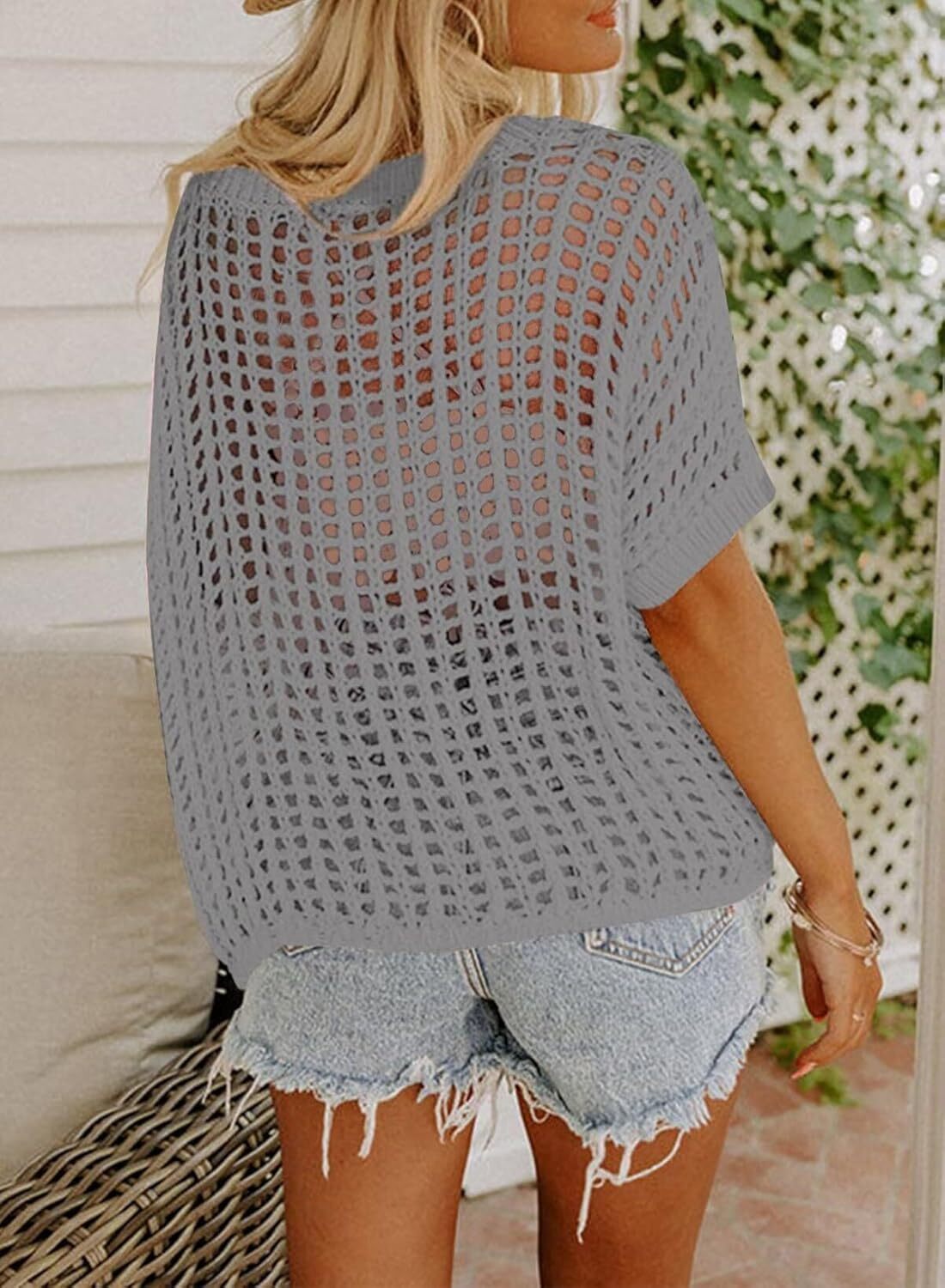 Womens Summer Scoop Neck Short Sleeve Sweater Casual Crochet Hollow Out Knit Tops Pullover Shirts Beach Coverup