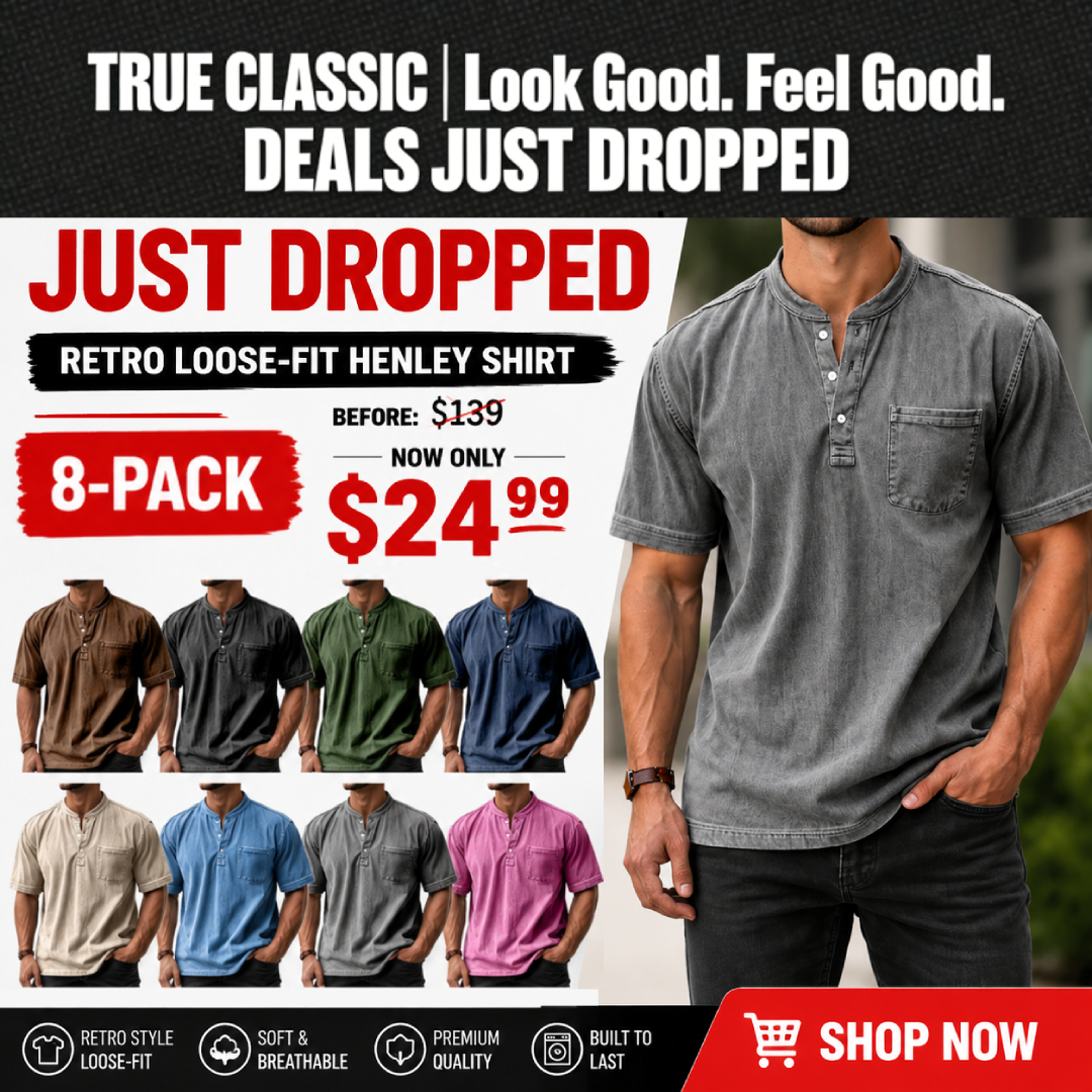  Men's Casual Solid Color Vintage Loose Pocket Short Sleeve Button-down Henley Shirt