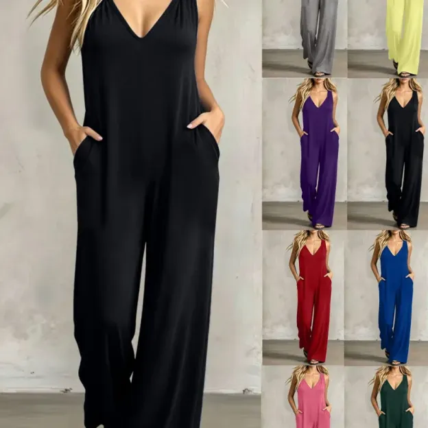 👗 90% OFF NOW! 🌊 Women's Effortless Summer V-Neck Jumpsuit – Relaxed Wide Leg, Deep Side Pockets & Attached Hood – Beach to Dinner Ready ☀️