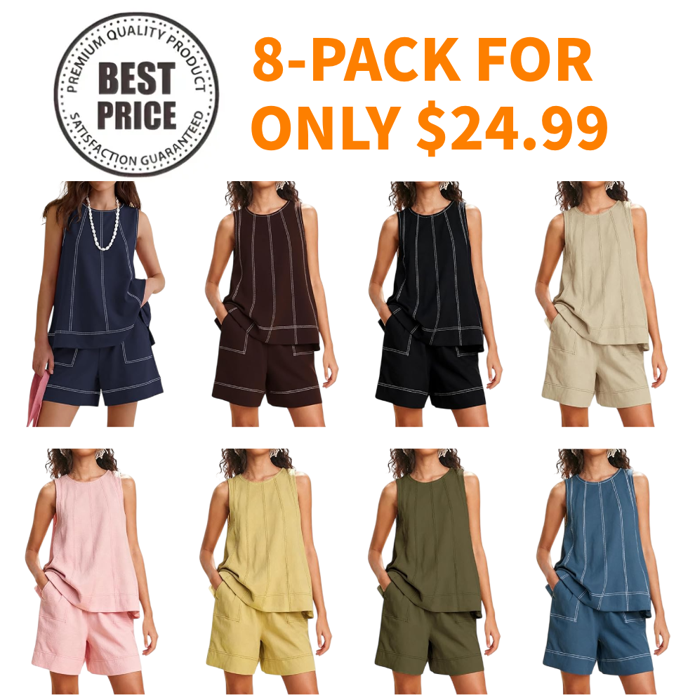 Womens Two Piece Short Sets Summer Round Neck Sleeveless Tank Tops Drawstring Elastic Waist Shorts with Pockets