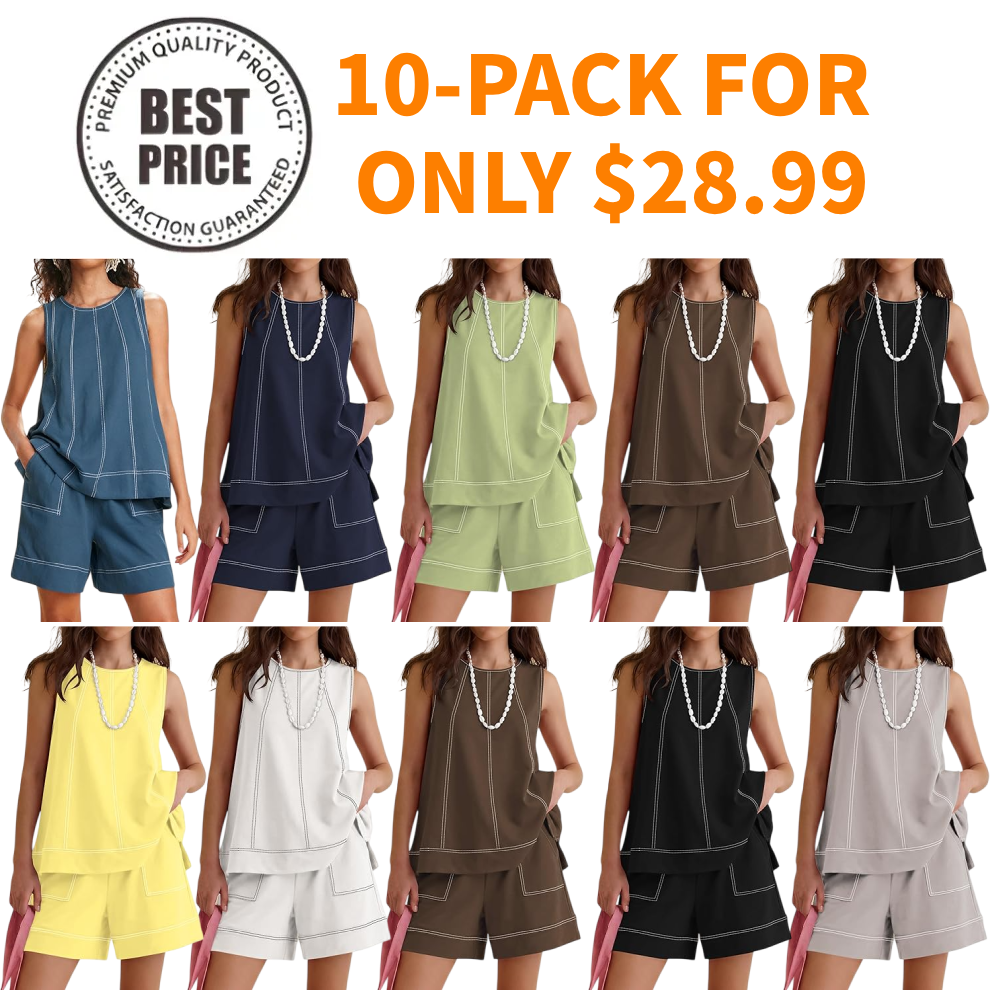 Womens Two Piece Short Sets Summer Round Neck Sleeveless Tank Tops Drawstring Elastic Waist Shorts with Pockets