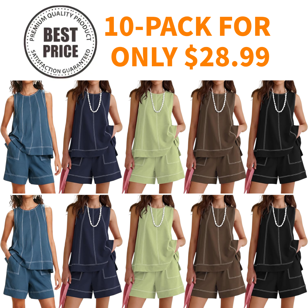 Womens Two Piece Short Sets Summer Round Neck Sleeveless Tank Tops Drawstring Elastic Waist Shorts with Pockets