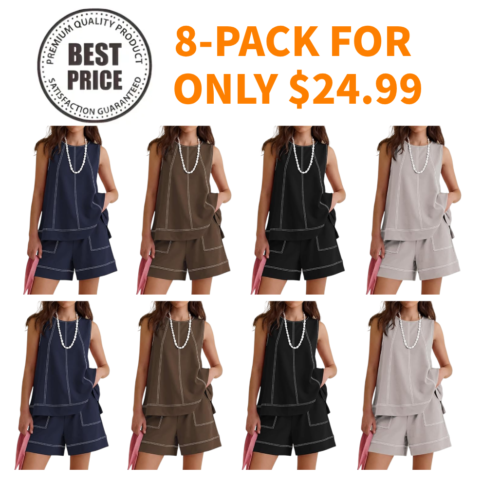 Womens Two Piece Short Sets Summer Round Neck Sleeveless Tank Tops Drawstring Elastic Waist Shorts with Pockets