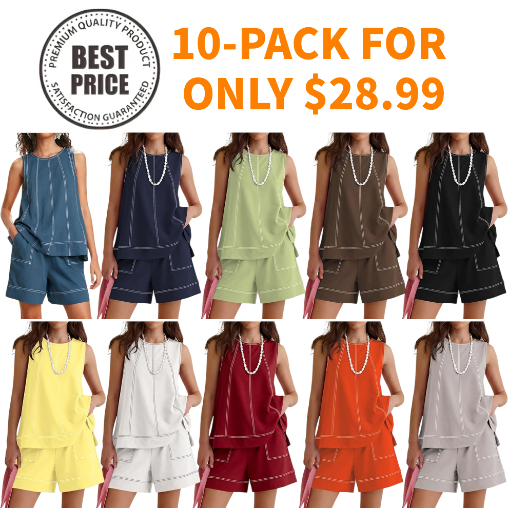 Womens Two Piece Short Sets Summer Round Neck Sleeveless Tank Tops Drawstring Elastic Waist Shorts with Pockets