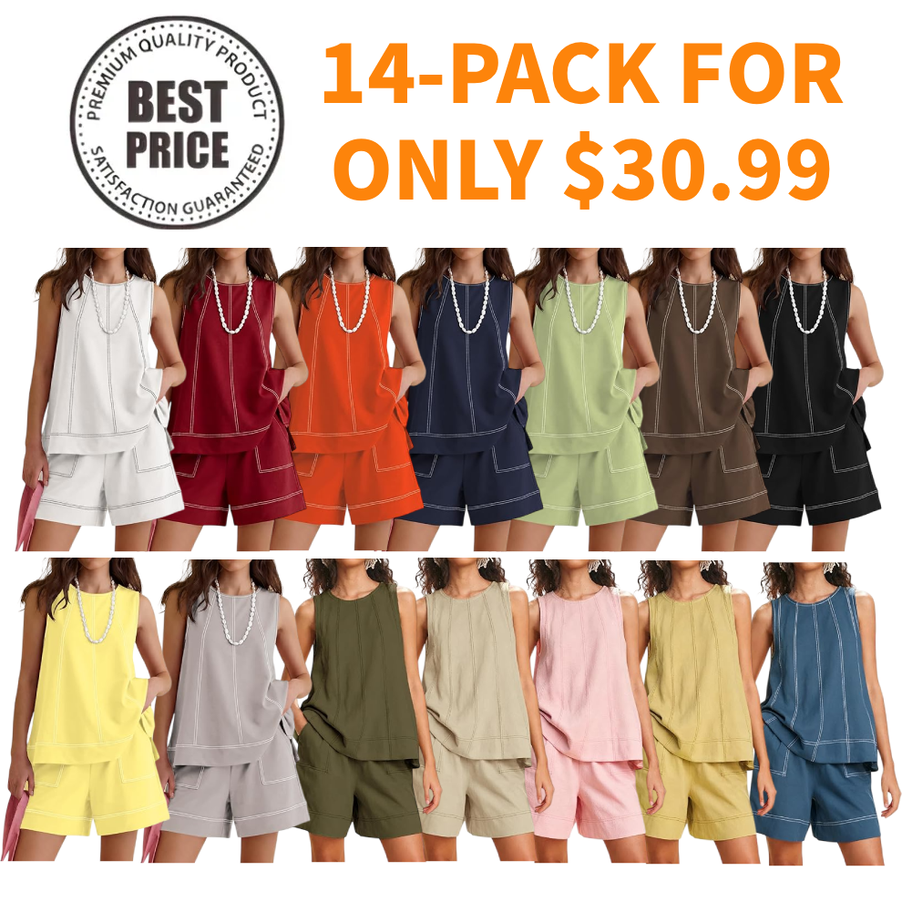 Womens Two Piece Short Sets Summer Round Neck Sleeveless Tank Tops Drawstring Elastic Waist Shorts with Pockets