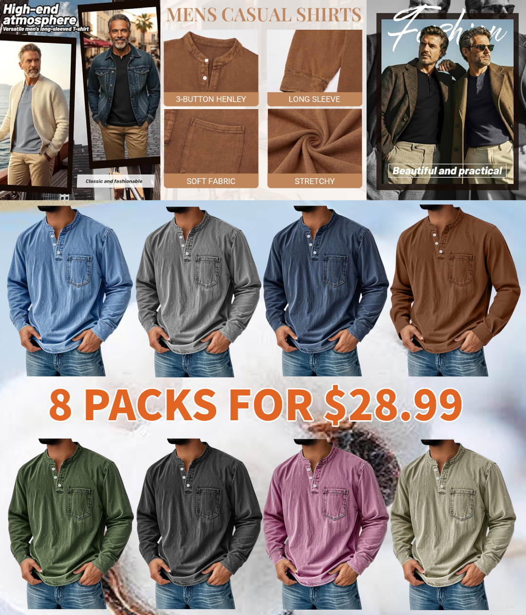 💫Clearance Sale🔥10-PACK FOR $31.99🔥Men's Retro Stand Collar Pocket Casual Distressed Long Sleeve Henley Shirt