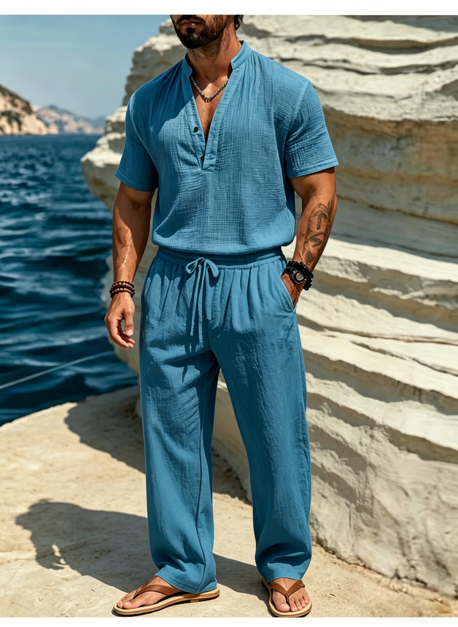 Men's Casual Solid Color Linen Short-Sleeve Shirt and Trousers Suit
