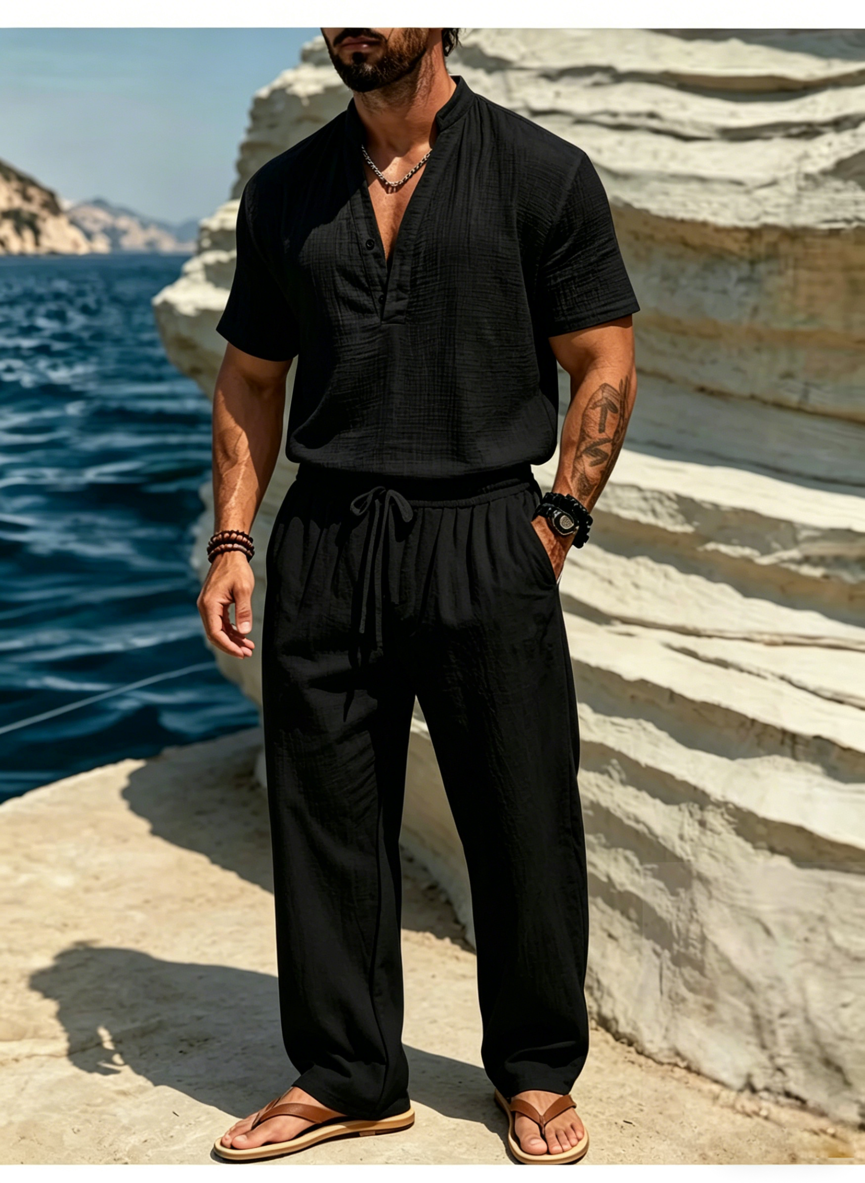 Men's Casual Solid Color Linen Short-Sleeve Shirt and Trousers Suit