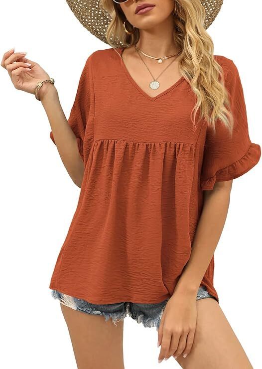 Womens Tops Casual V Neck Ruffle Sleeve T Shirts Babydoll Loose Fit Peplum Tops