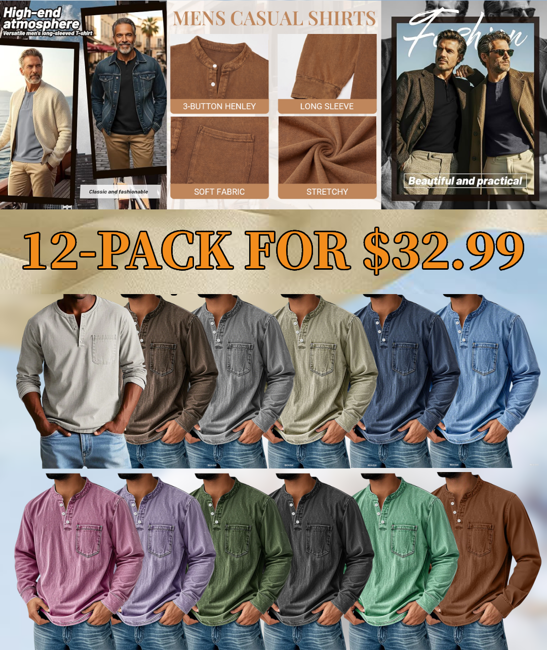 💫Clearance Sale🔥10-PACK FOR $30.99🔥Men's Retro Stand Collar Pocket Casual Distressed Long Sleeve Henley Shirt