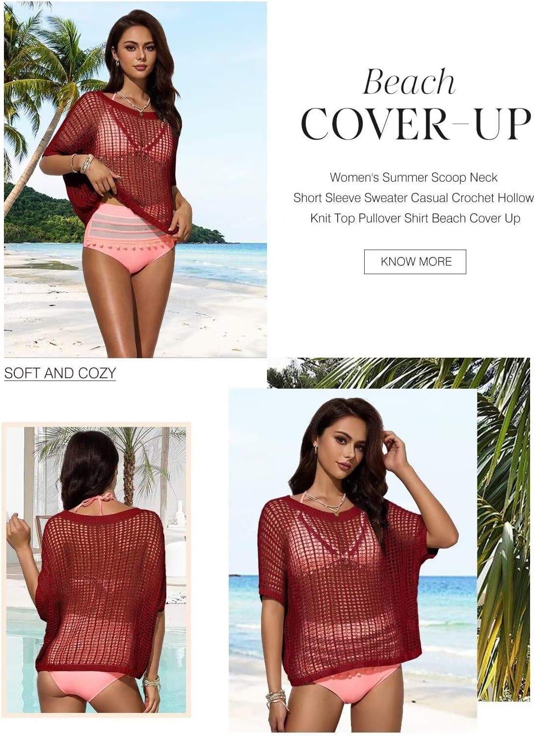 Womens Summer Scoop Neck Short Sleeve Sweater Casual Crochet Hollow Out Knit Tops Pullover Shirts Beach Coverup