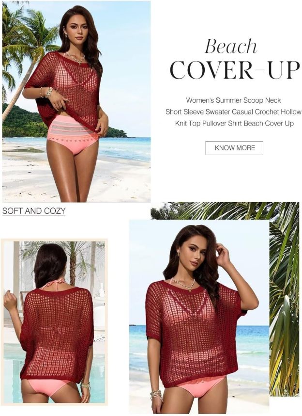 Womens Summer Scoop Neck Short Sleeve Sweater Casual Crochet Hollow Out Knit Tops Pullover Shirts Beach Coverup