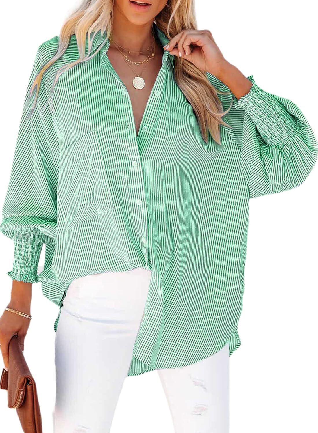 Women's Smocked Cuffed Striped Boyfriend Shirt with Pocket Casual Collar Long Sleeve Blouse Tops for Pocket Shirred