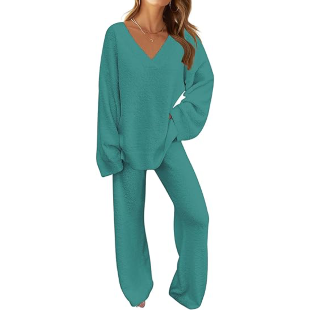 Women's 2 Piece Outfits Fuzzy Fleece Pajama Set Long Sleeve Top Wide Leg Pants Loungewear