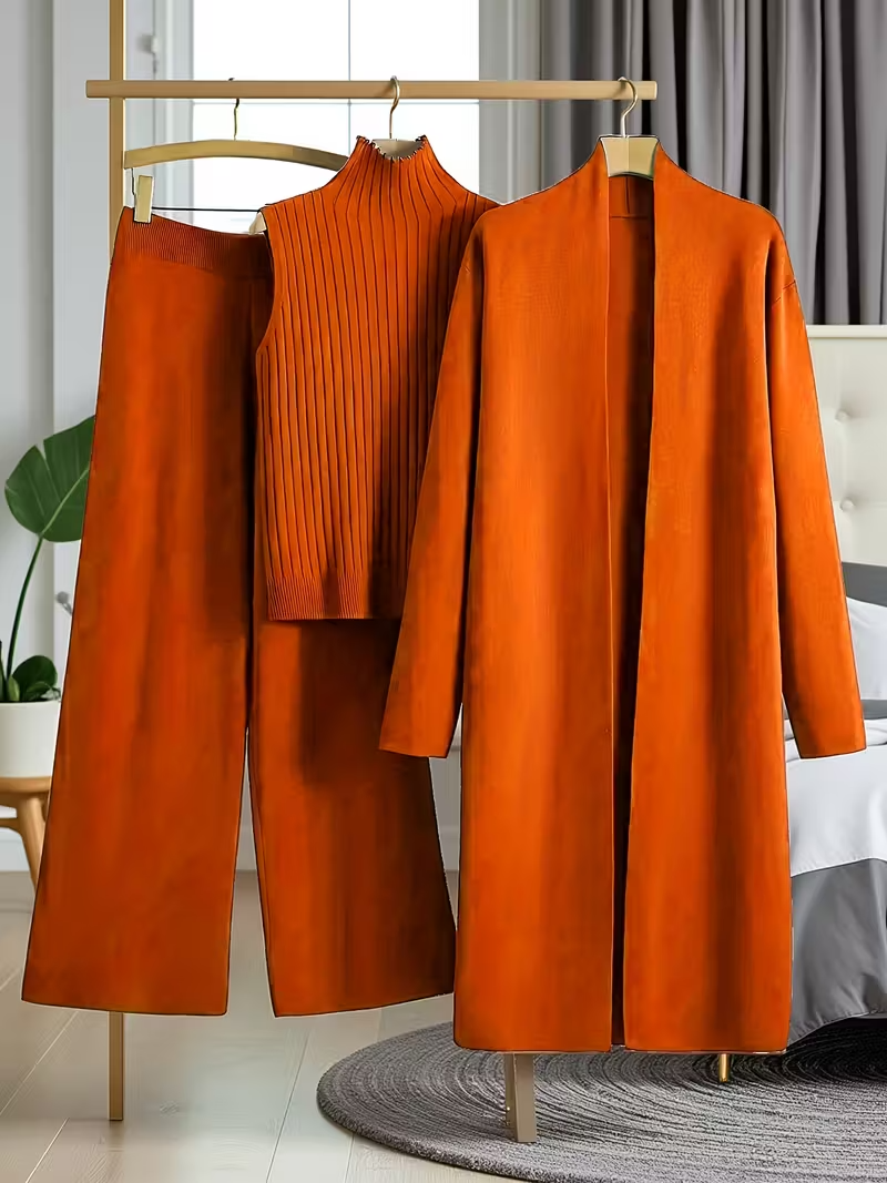 New Autumn And Winter Women'S Loose Set, Including Long Wide-leg Pants, A Shawl Cardigan, And A High-neck Vest Sweater, A Fashionable Three-piece Set.