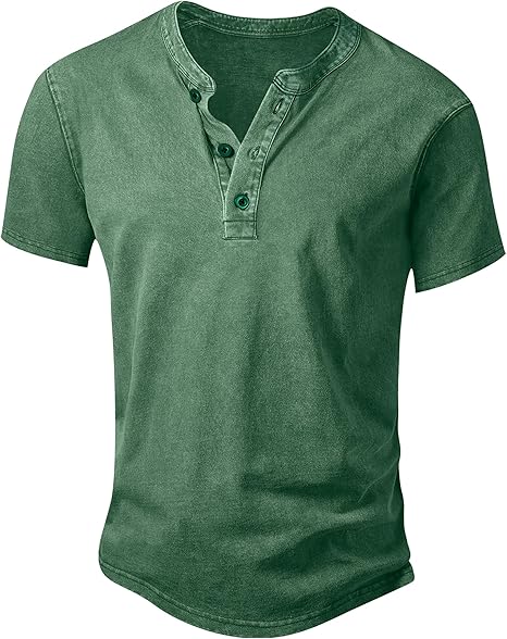 Men’s Vintage Acid-Wash Henley T-Shirt – 100% Cotton
