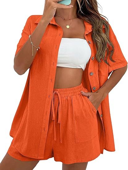 Women Summer Cotton Linen Short Sets 2 Piece Shorts Top Lounge Beach Vacation Two Piece Outfits Tracksuits