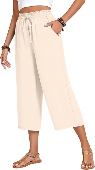 Women’s high-waisted wide-leg casual cropped pants with adjustable drawstring and pockets
