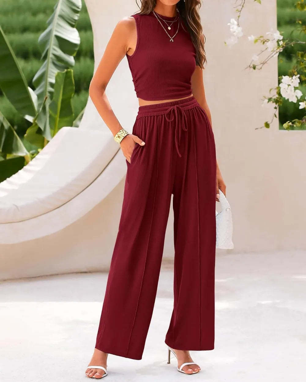 Women's Sleeveless Crop Top & Wide-Leg Pants 2-Piece Lounge Set Effortless Chic Matching Set for Summer