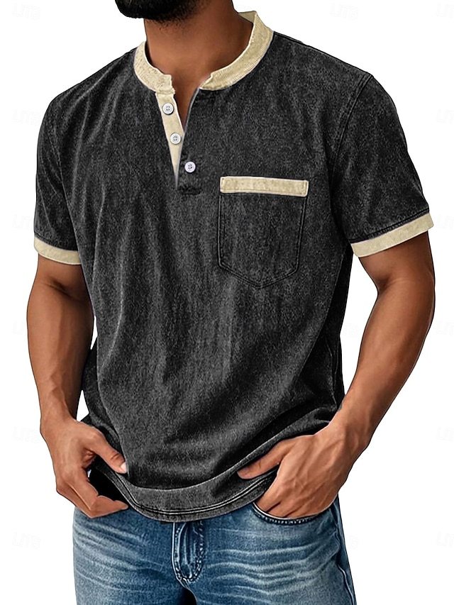 Men's Retro Color-Block Casual Short-Sleeve Henley T-Shirt
