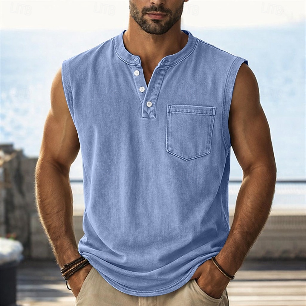 Men's Vintage Stand Collar Casual Pocket Solid Color Sleeveless Henley Vest