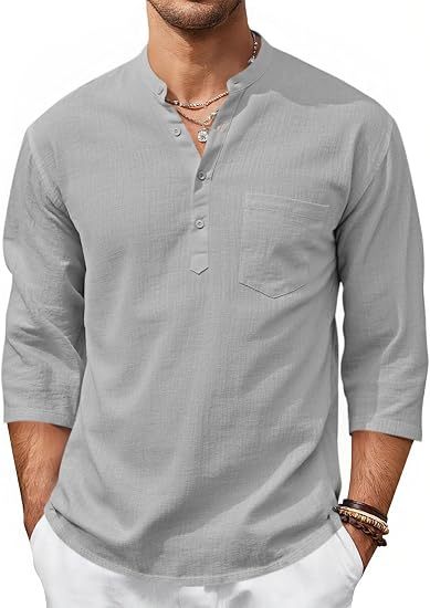 Men’s Lightweight Linen Henley Shirt –  3/4 Sleeve Casual Top with Pocket  